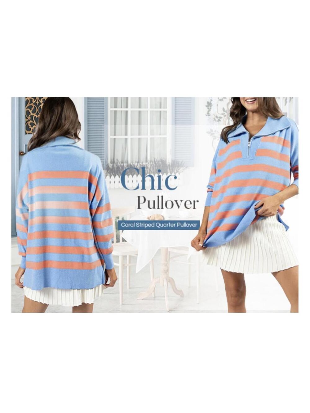 Yexpine Women's Oversized V Neck Drop Shoulder Striped Pullover Sweater